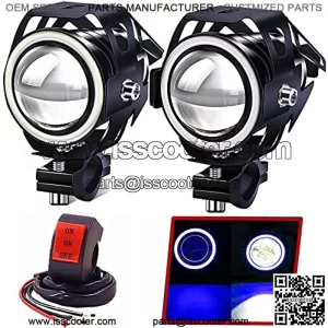 2X Motorcycle Halo Headlights with Switch ,Universal U7 Motorbike Auxiliary Driving Light 12V/24V for ATV UTV Scooter Off Road Trucks White Beam Blue Ring
